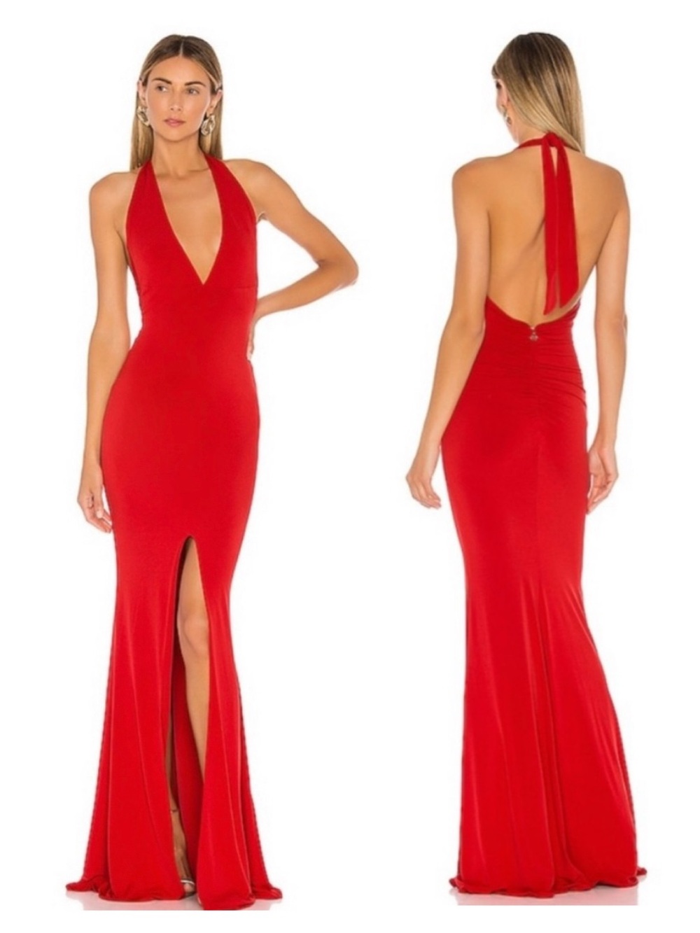 Nookie Revolve Illegal Red Halter V-Neck Slit Maxi Dress Gown Cocktail Backless
